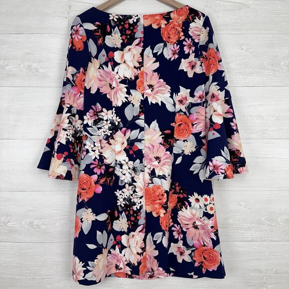 Eliza J Floral Print Shift Dress 12 Navy Blue Pink Bell Sleeve Wedding Guest - Picture 6 of 15